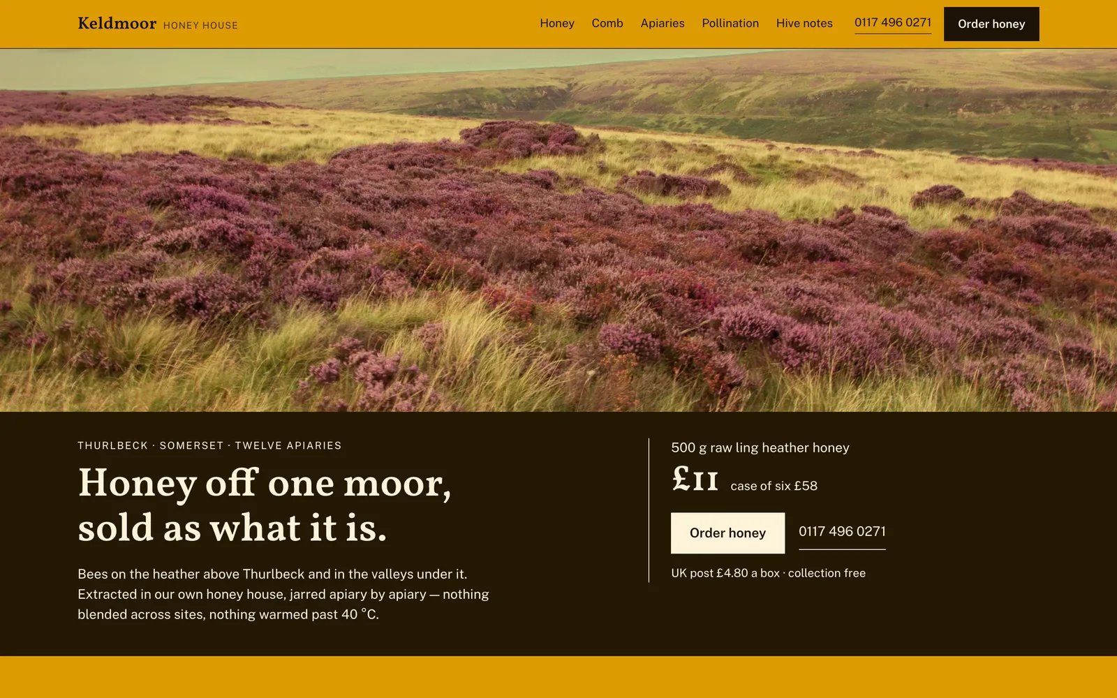 The KELDMOOR HONEY HOUSE landing page at desktop width