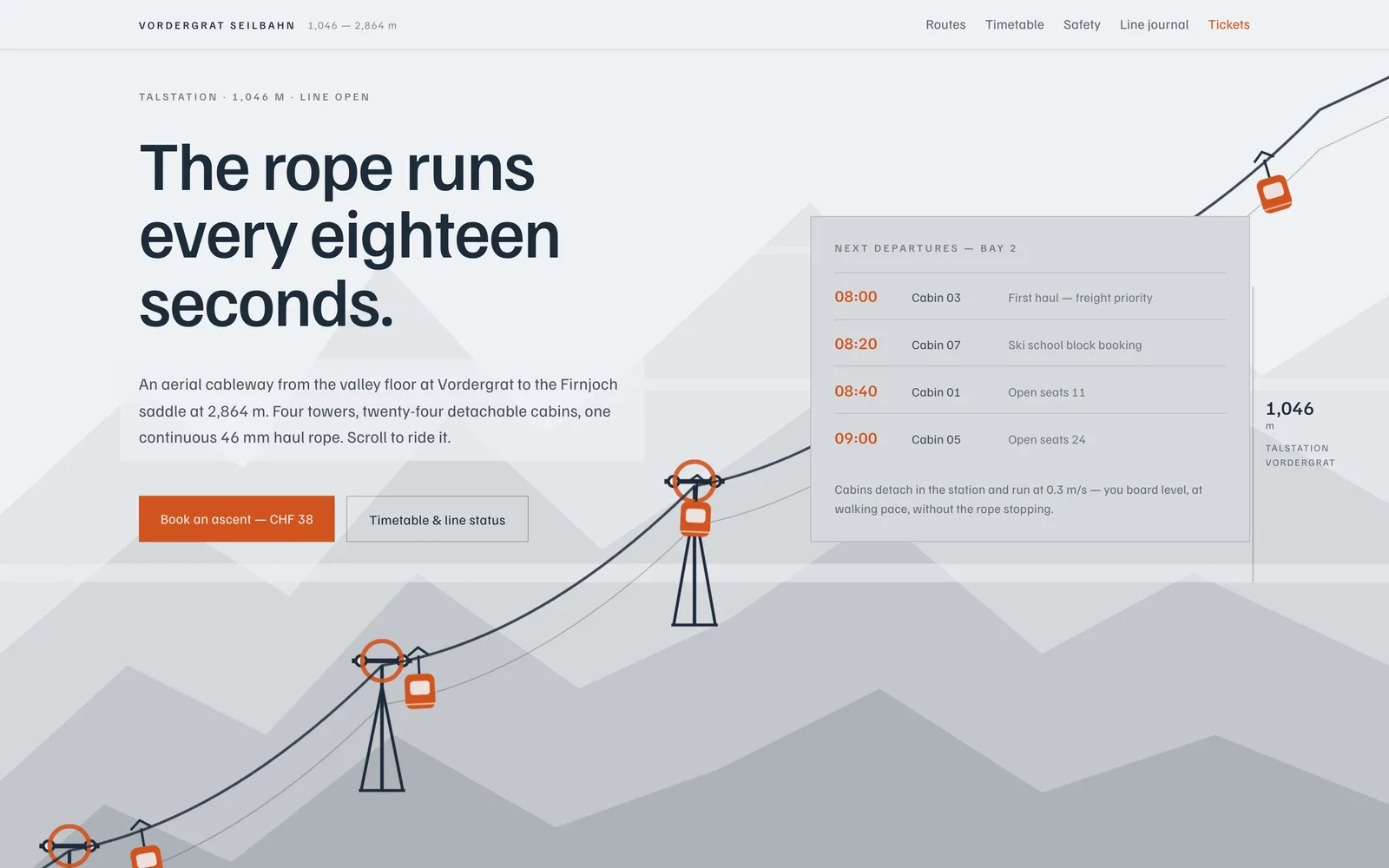 The Vordergrat Seilbahn landing page at desktop width