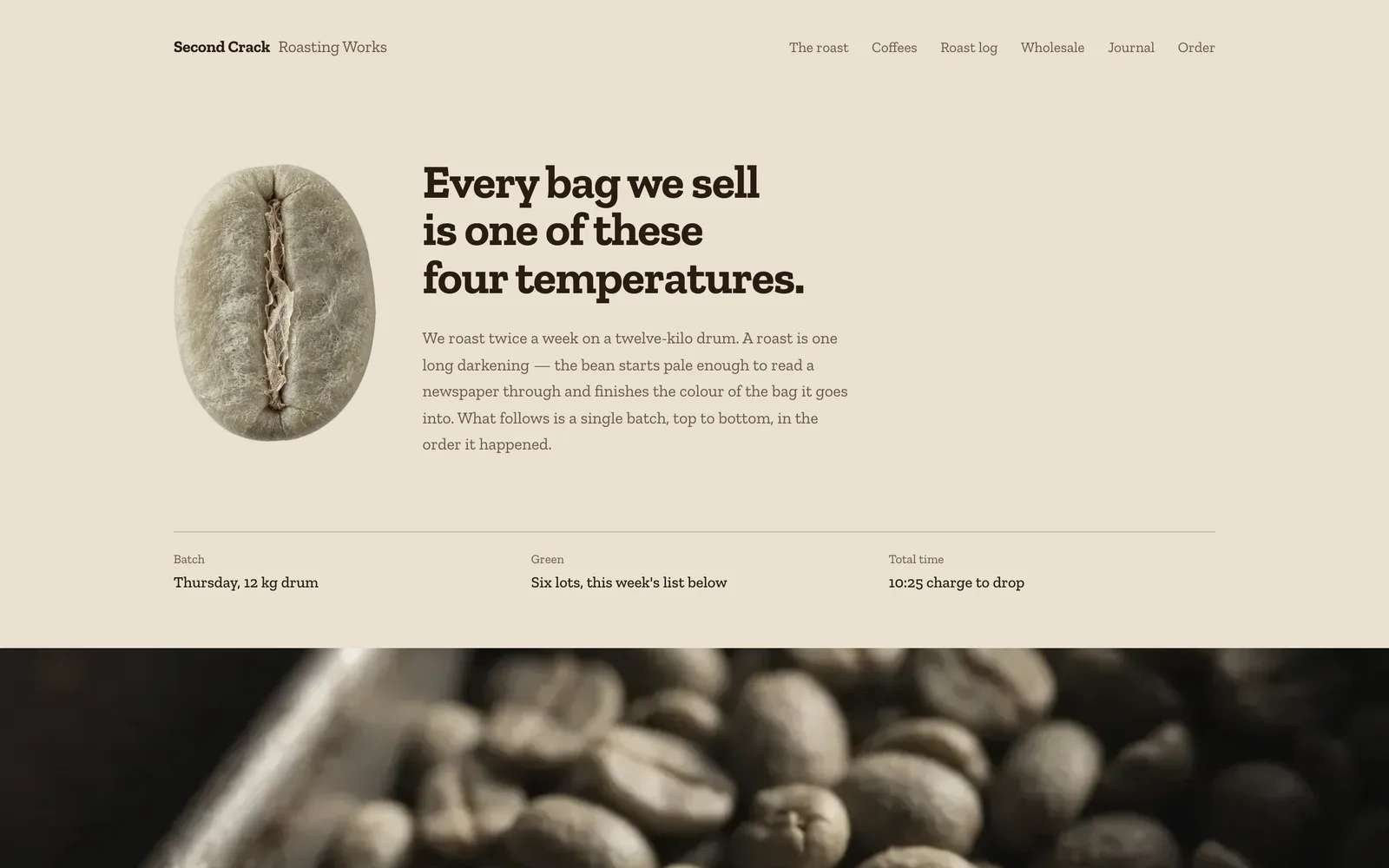 The Second Crack Roasting Works landing page at desktop width