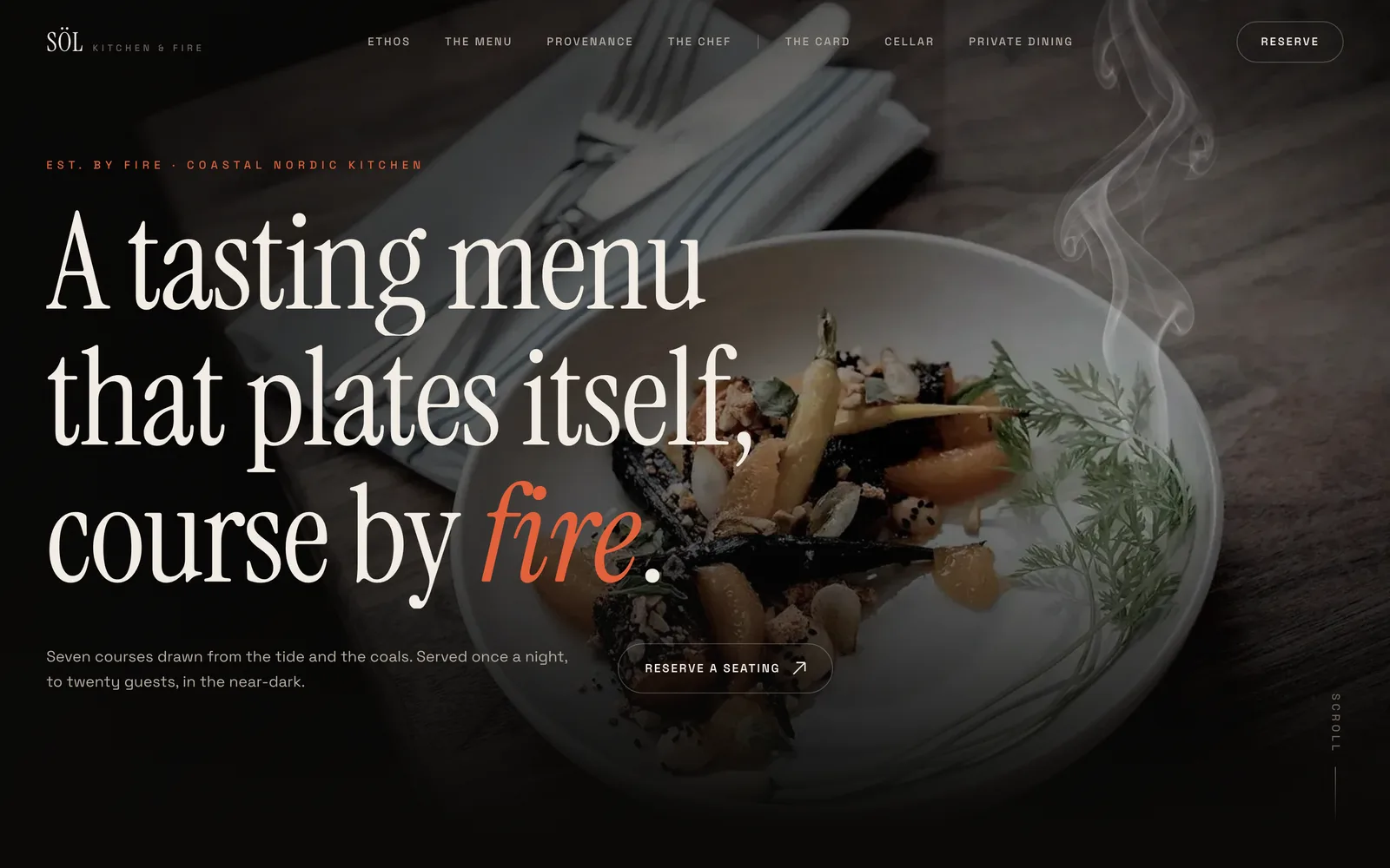 The SÖL — Kitchen & Fire landing page at desktop width