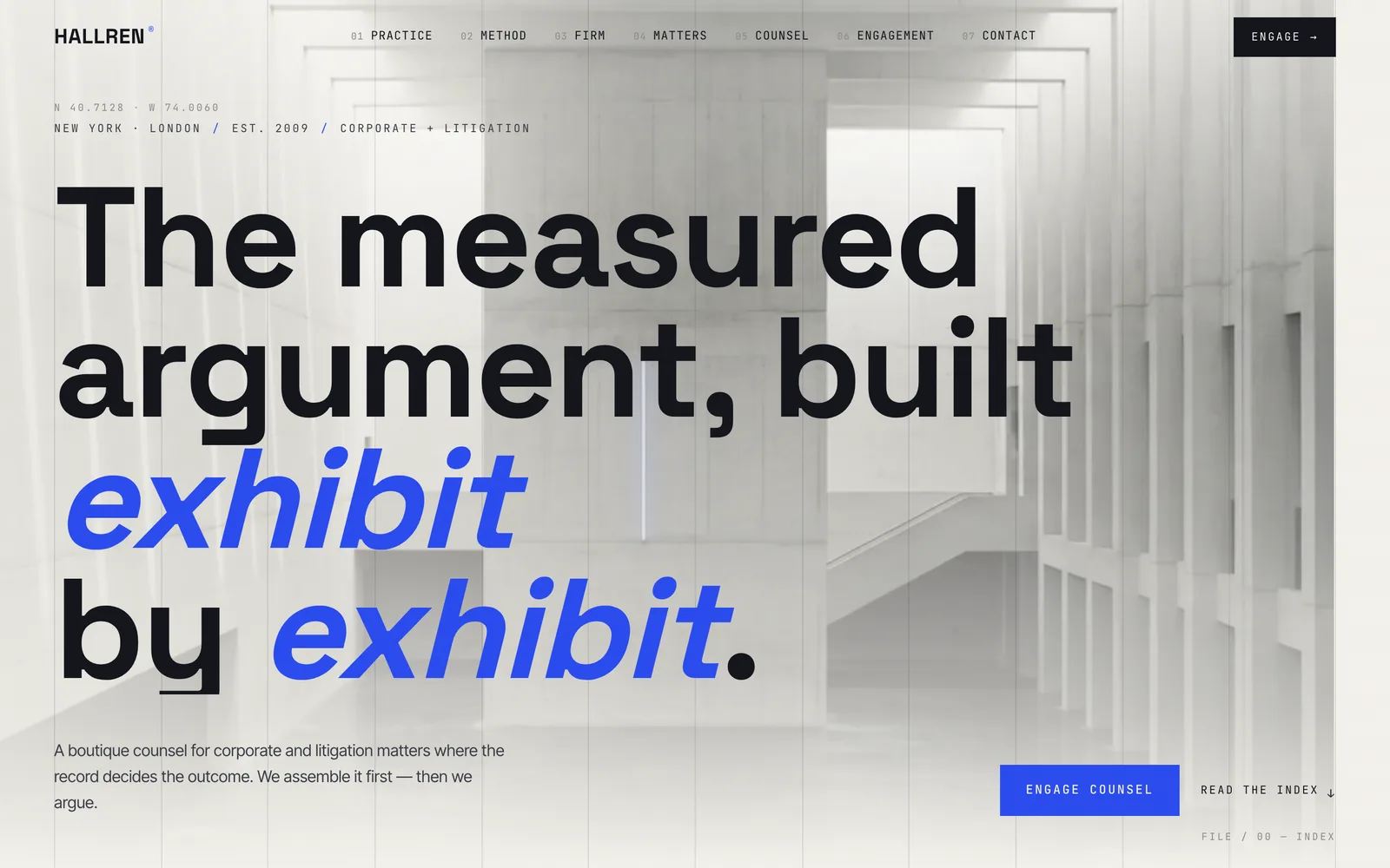 The HALLREN Counsel LLP landing page at desktop width