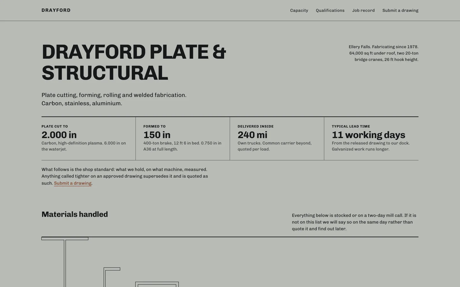 The Drayford Plate & Structural landing page at desktop width