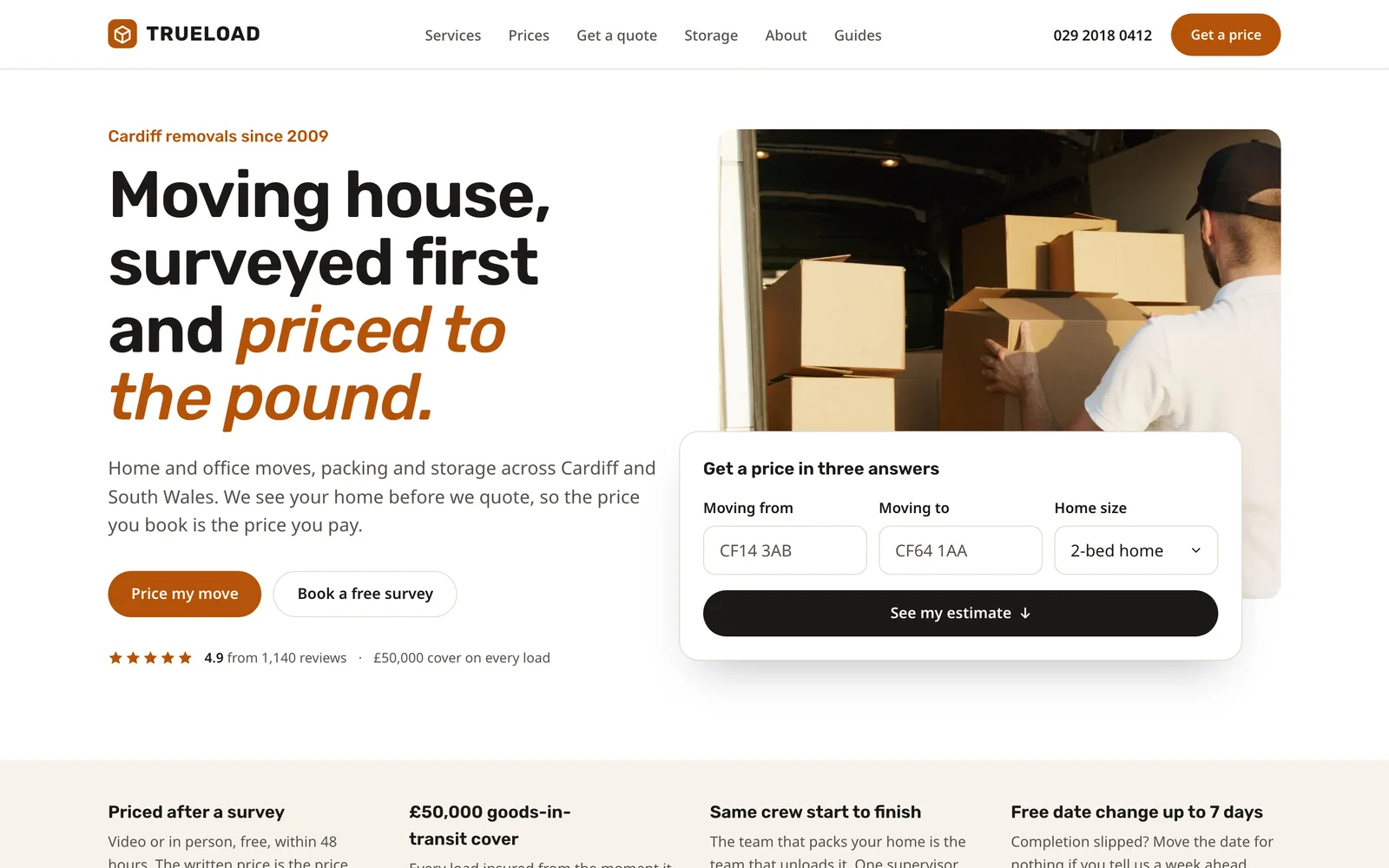 Moving Company Website Template: the TRUELOAD Removals & Storage demo home page