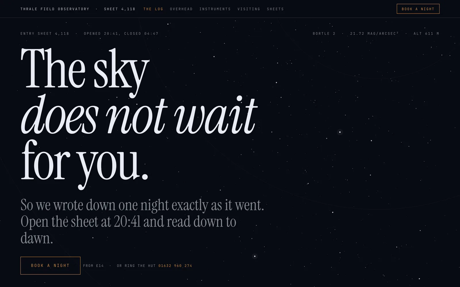 The Thrale Field Observatory landing page at desktop width