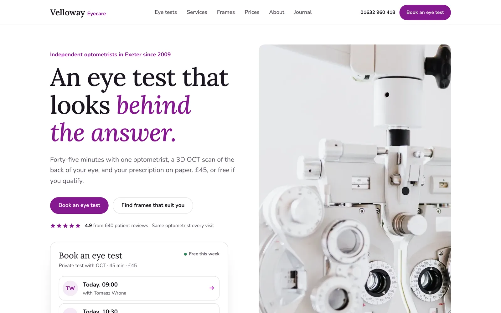 Optometrist Website Template: the VELLOWAY EYECARE demo home page