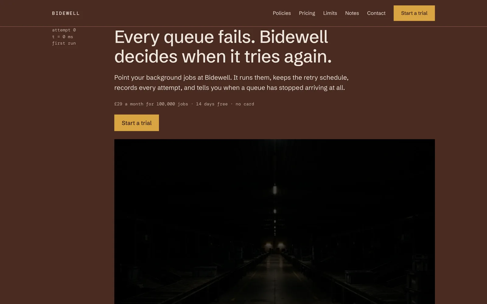 The BIDEWELL landing page at desktop width