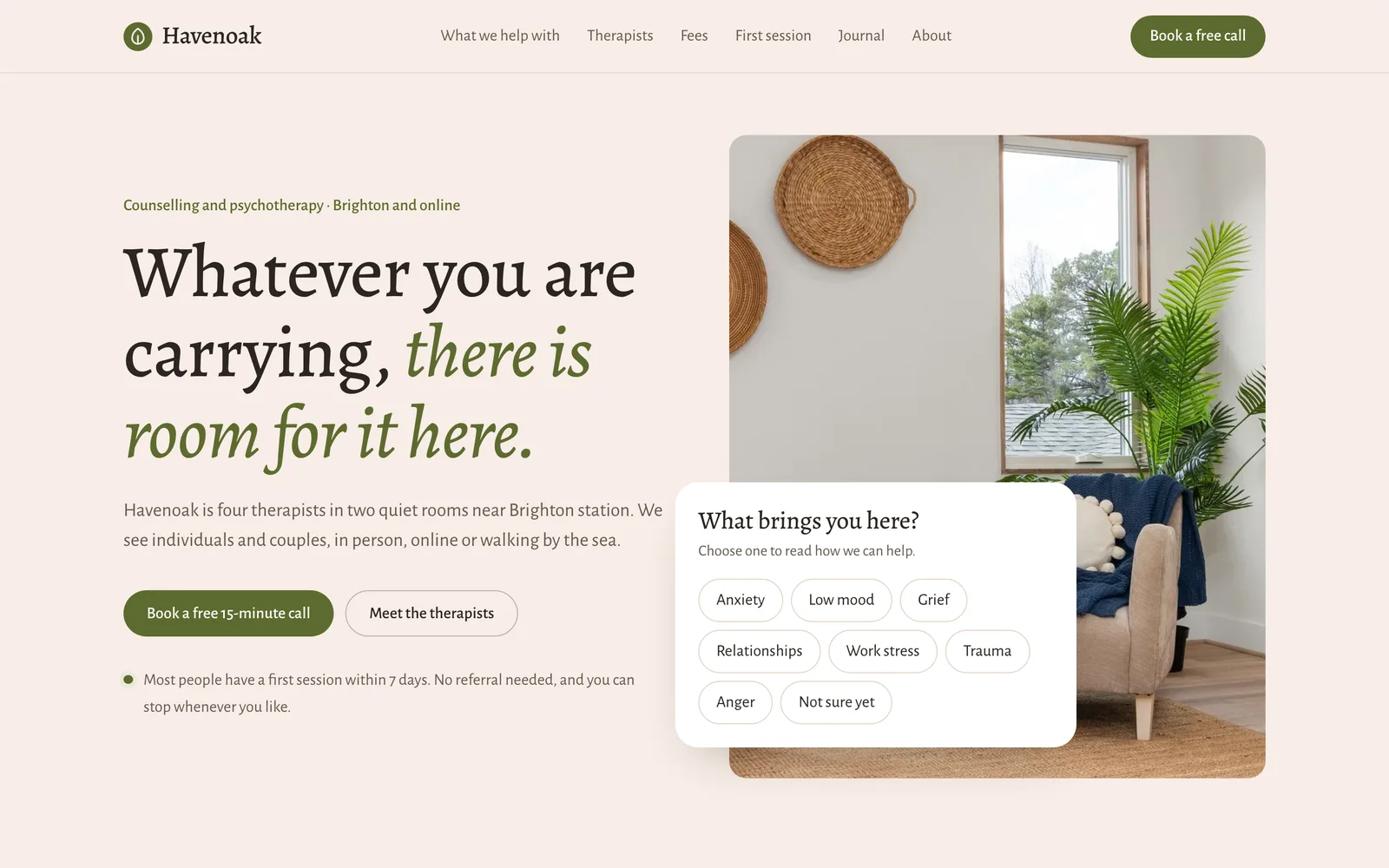 Therapist Website Template: the Havenoak Therapy demo home page